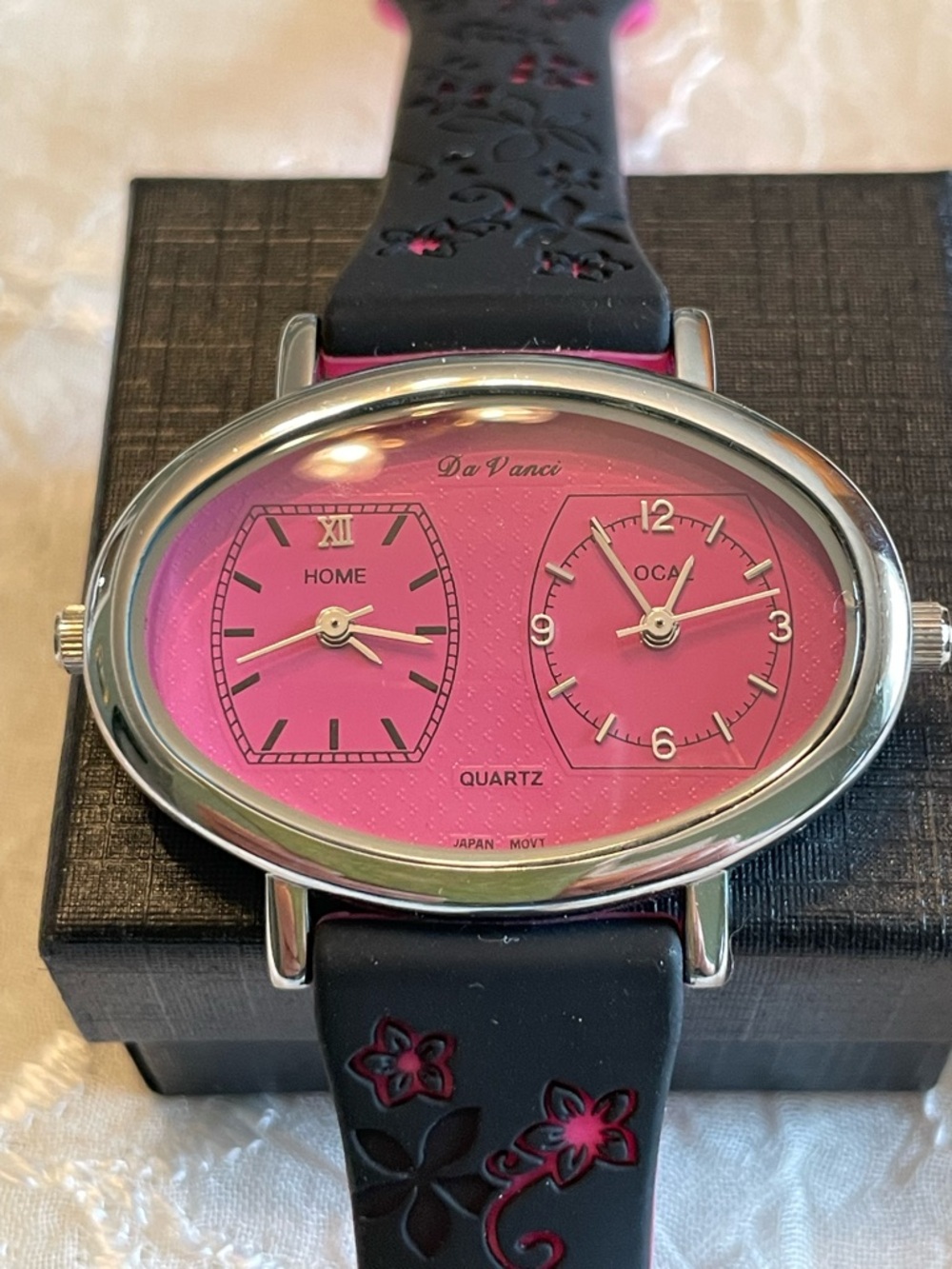 DaVanci Dual Time Dark Pink Dial Women's Watch. New band & batteries.